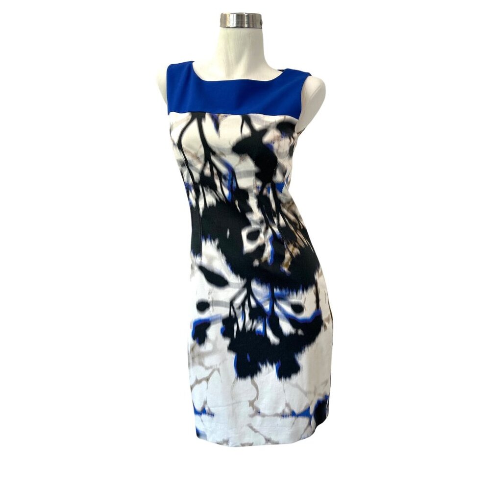 ELIE TAHARI~  Womens Floral Sleeveless Sheath Dress Size 4 Blue/White/Black